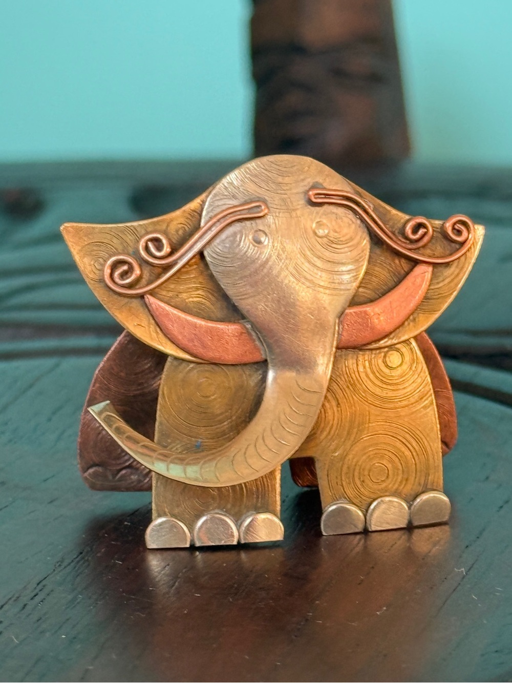 Vintage Tri Tone/Tri Metal Mixed Metal Elephant Brooch with Swirl Detail